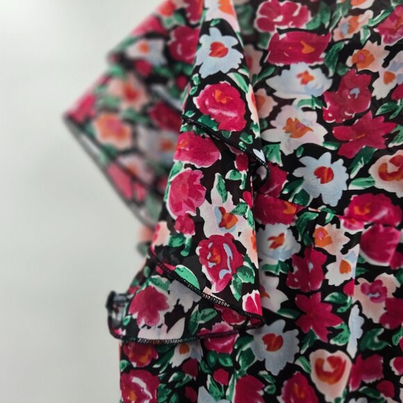 Pretty Garden Pink Floral High Neck Button Back Ruffled Short Sleeve Blouse L - Picture 5 of 10